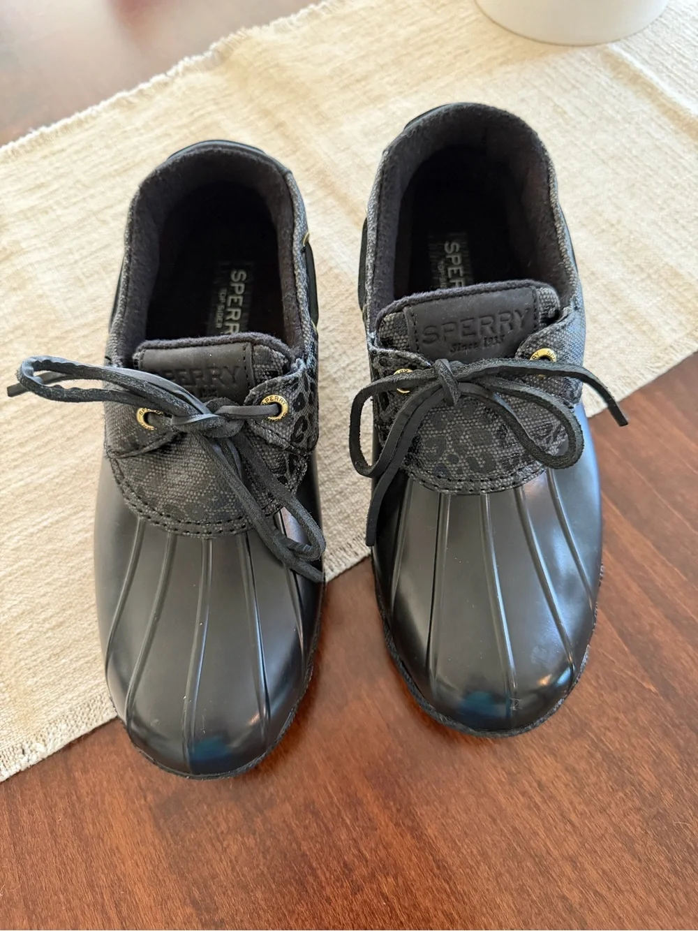 Sperry Women's Black Lace-Up Duck Rain Boots